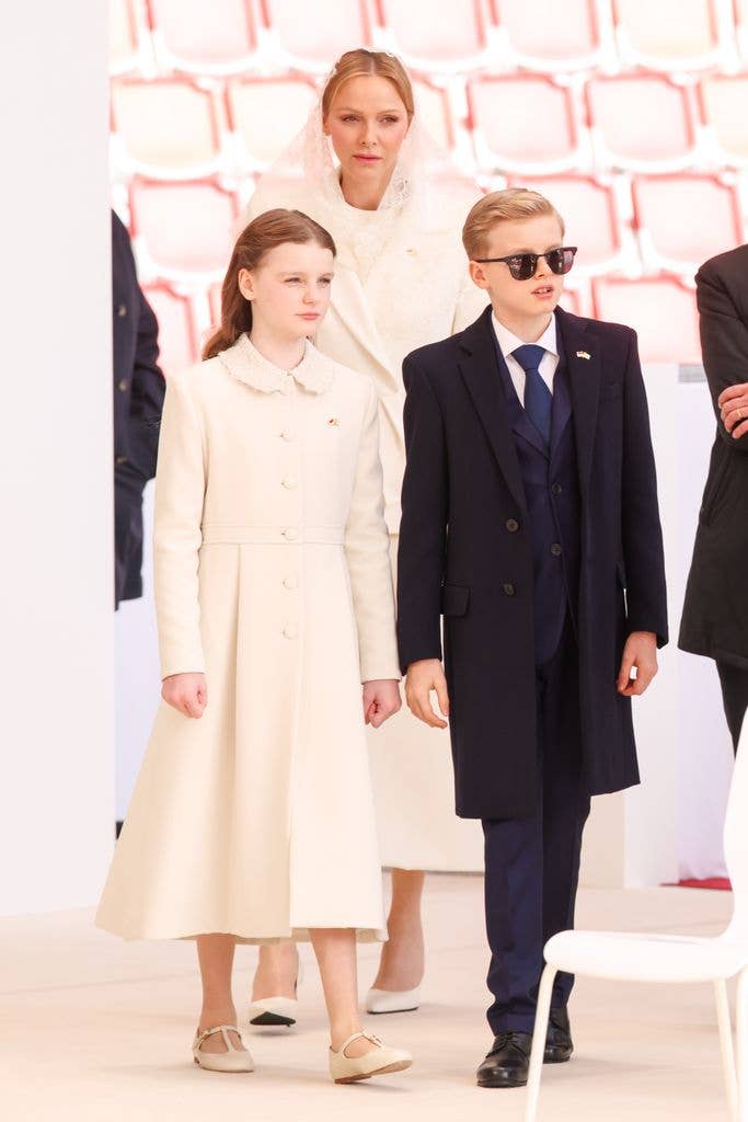 Princess Gabriella, Princess Charlene and Prince Jacques of Monaco during Pope Leo XIV's visit to Monaco