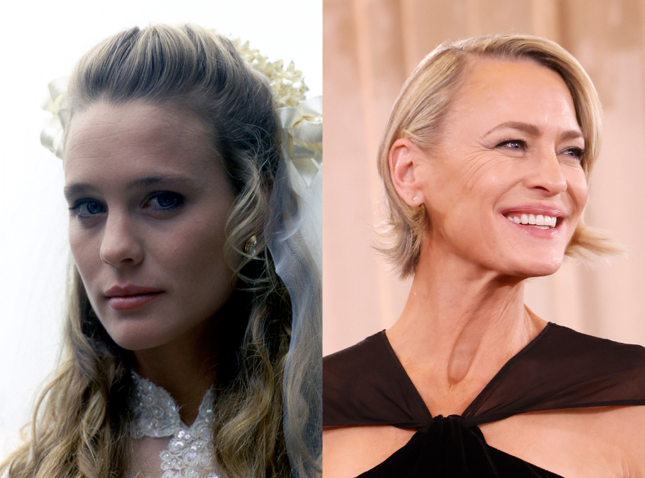 Daryl Hannah in a wedding dress, swept back veil and flowery headdress looking straight at the camera. To the right, an image of the actress grinning to the right of the image in a black dress with a geometric twisted neckline and short bobbed haircut.