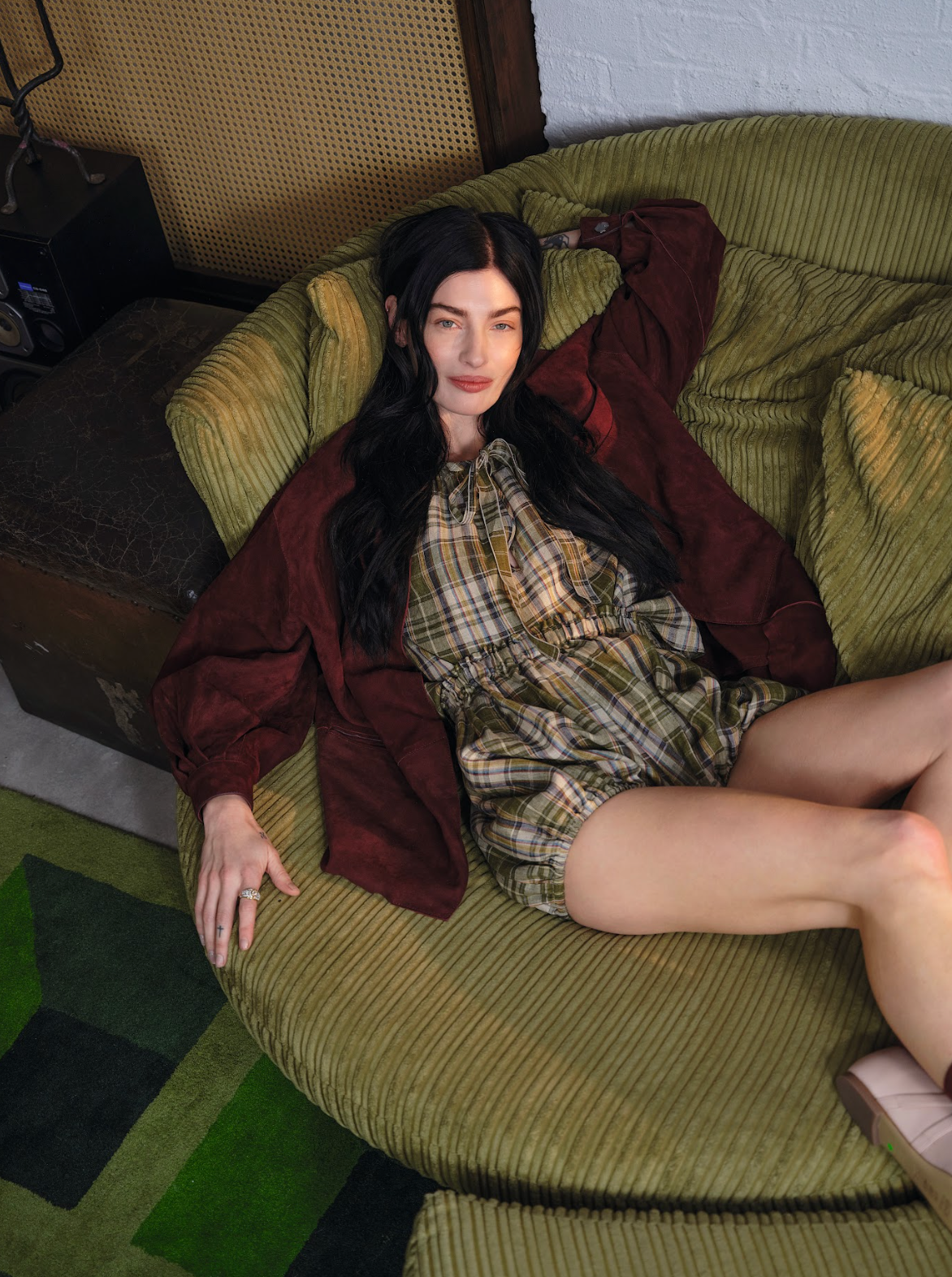 sydney lima wears green checked outfit