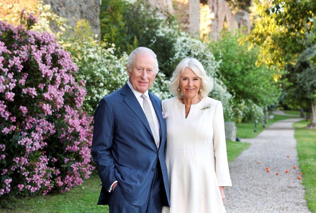 King Charles III and Queen Camilla pose for a portrait at Villa Wolkonsky on April 07, 2025 in Rome, Italy ahead of their 20th wedding anniversary
