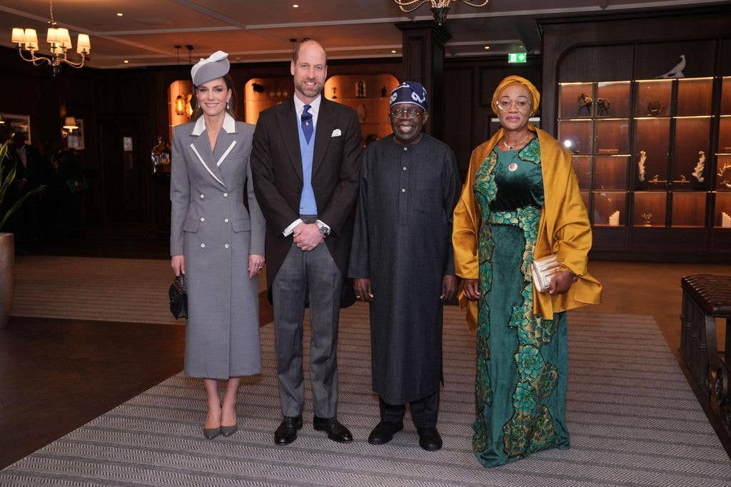 The Prince and Princess of Wales beside President of Nigeria Bola Ahmed Tinubu and First Lady Oluremi Tinubu at the Fairmont Windsor Park hotel in Englefield Green, Windsor