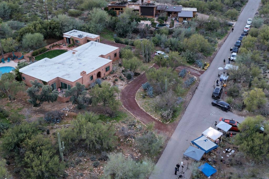 In an aerial view, the home of Nancy Guthrie is seen on February 20, 2026, in Tucson, Arizona.