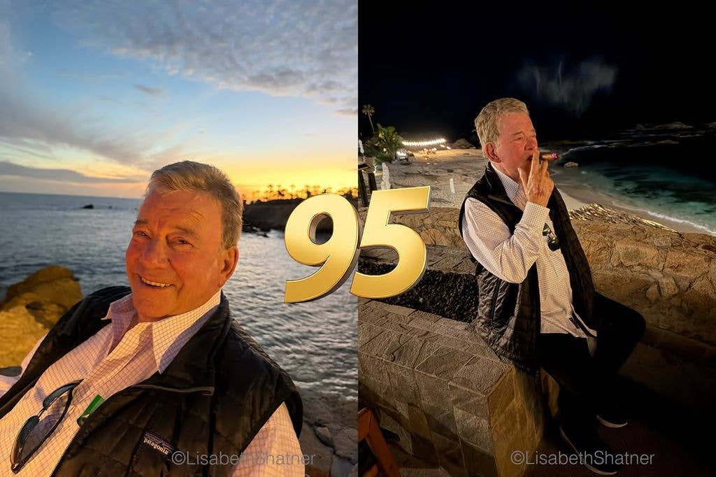 William Shatner posing for a photo on the beach and then smoking a cigar, shared on Instagram