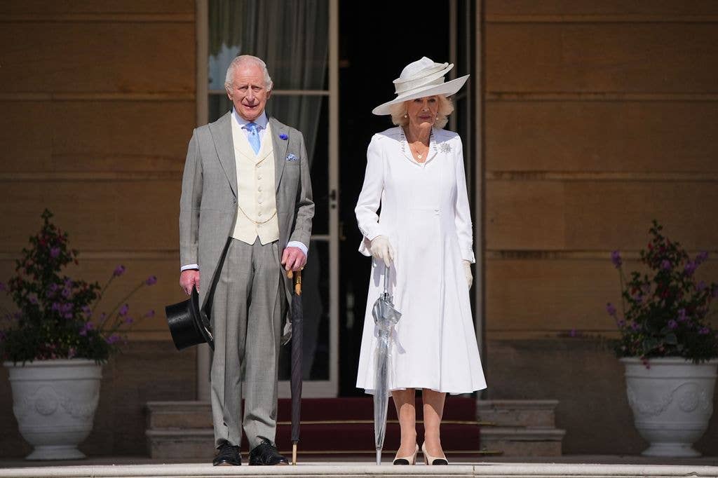 King Charles III and Queen Camilla attending the Education and Skills Garden Party at Buckingham Palace on May 14, 2025 in London, England