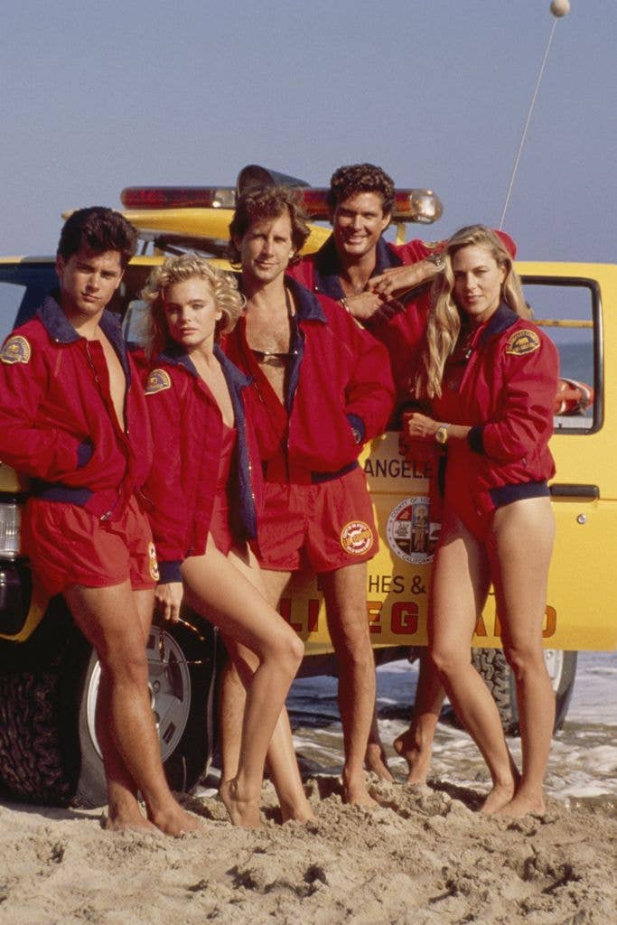 (l-r) Billy Warlock as Eddie Kramer, Erika Eleniak as Shauni McClain, Parker Stevenson as Craig Pomeroy, David Hasselhoff as Lt. Mitch Buchannon