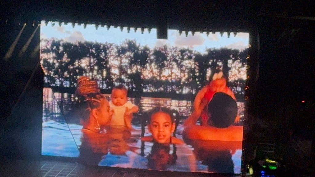 A photo of Beyoncé, Jay-Z, Blue Ivy, Sir and Rumi Carter shared on stage during the Cowboy Carter Tour in New York