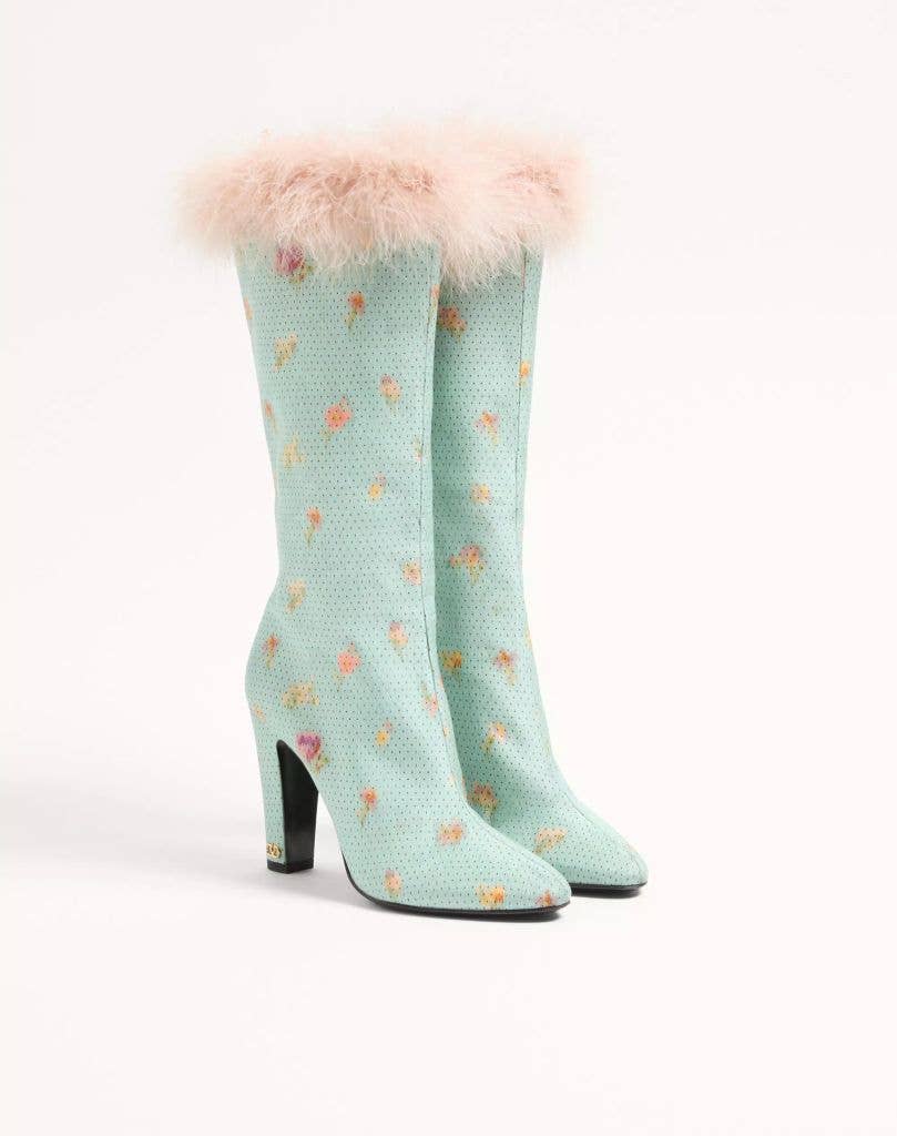 Hotty Boot In Chiné Fabric With Floral And Polka-Dot Pattern And Feathers 100MM

