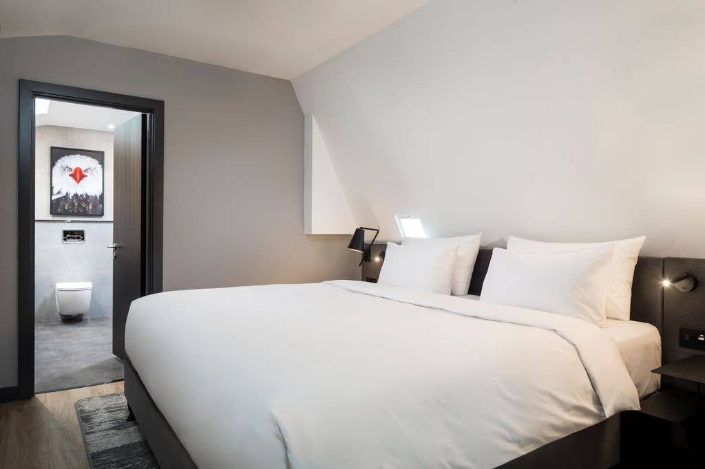 A bedroom with the bathroom in view at the Radisson Red