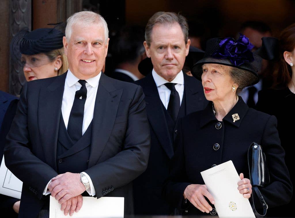Prince Andrew, Duke of York, Vice Admiral Sir Tony Johnstone-Burt (Master of the Household to King Charles III) and Princess Anne, Princess Royal attend Katharine, Duchess of Kent's Requiem Mass service at Westminster Cathedral on September 16, 2025