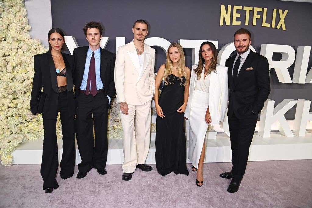 Jackie Apostel, Cruz Beckham, Romeo Beckham, Harper Beckham, Victoria Beckham and David Beckham attend the World Premiere of "Victoria Beckham" at The Curzon Mayfair on October 8, 2025 in London, England