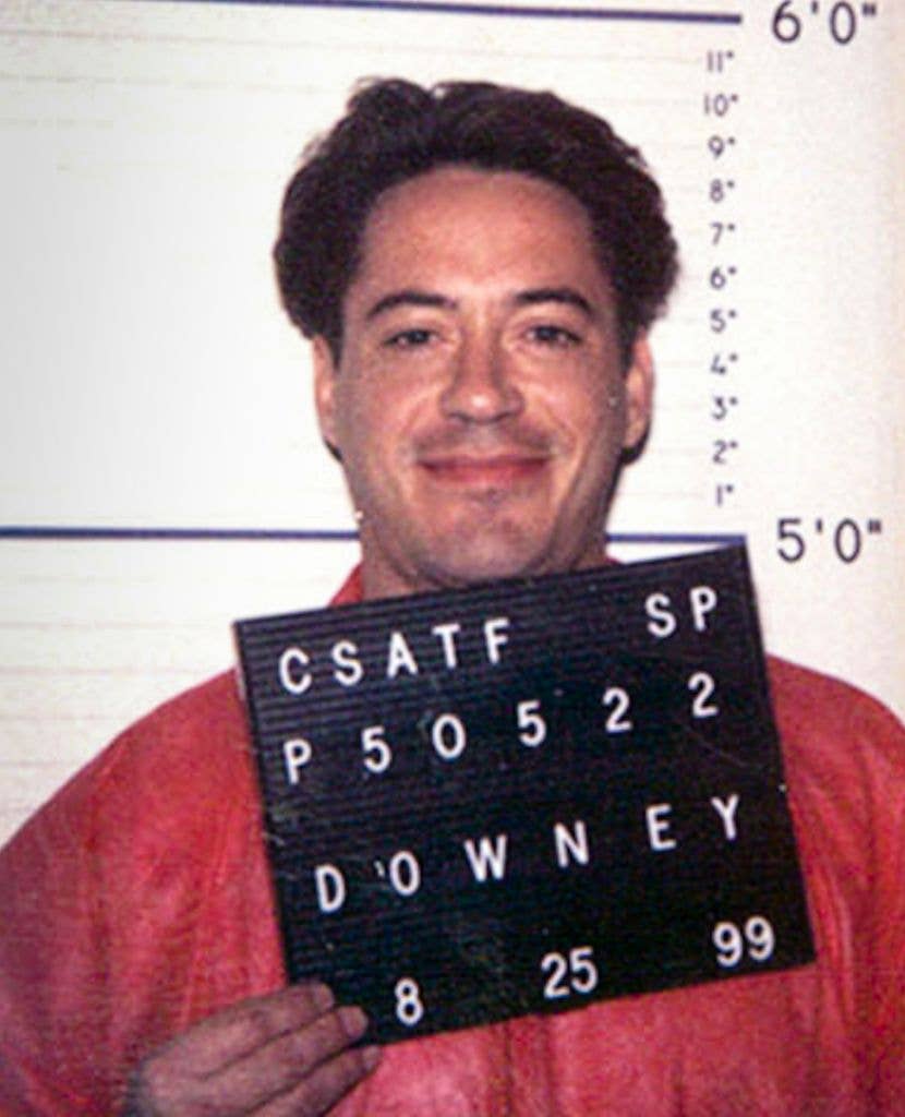 Robert Downey Jr in orange jumpsuit for a mugshot