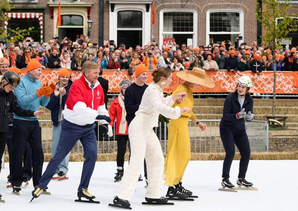 Princess Ariane of the Netherlands, King Willem-Alexander of the Netherlands and Queen Máxima of the Netherlands ice skating during the King's Day celebration on April 27, 2026 in Dokkum, Netherlands. King’s Day is the Dutch national holiday celebrating the birthday of King Willem-Alexander, who turns 59 on April 27