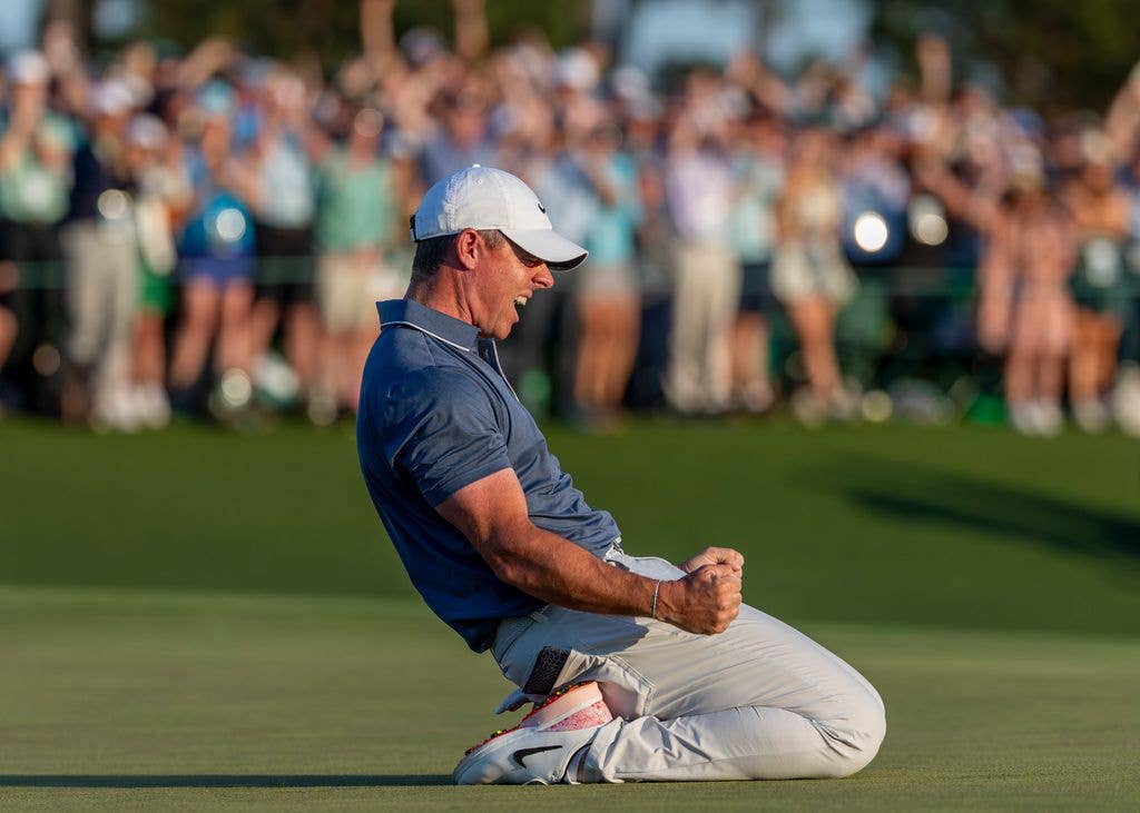 Rory McIlroy of Northern Ireland celebrates after winning the Masters in a sudden death playoff on Sunday, April 13, 2025