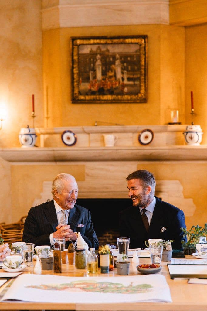 The King and Sir David Beckham in The Orchard Room at Highgrove discussing RHS Chelsea