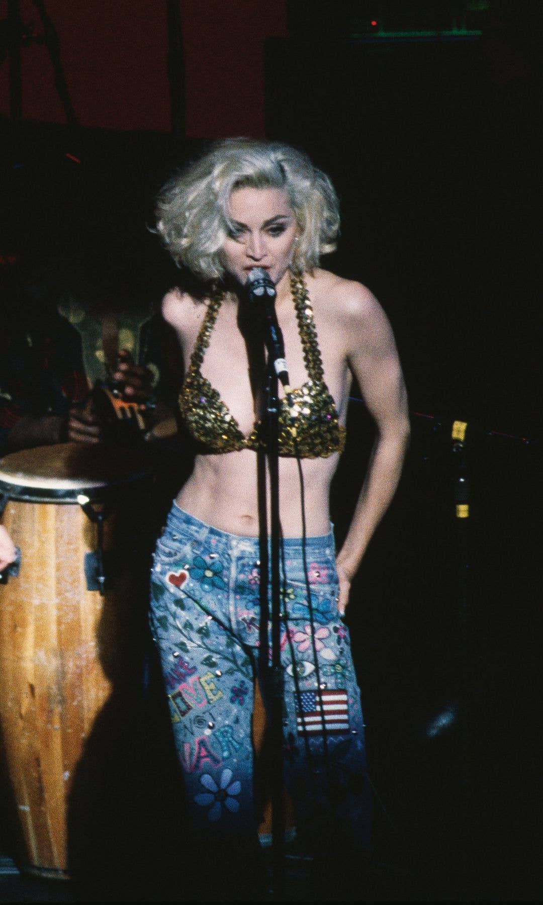 American singer Madonna and actress Sandra Bernhard (left) perform at the Don't Bungle the Jungle benefit concert at the Brooklyn Academy of Music in New York City, 24th May 1989. The event raised awareness of the preservation of the rain forests.  