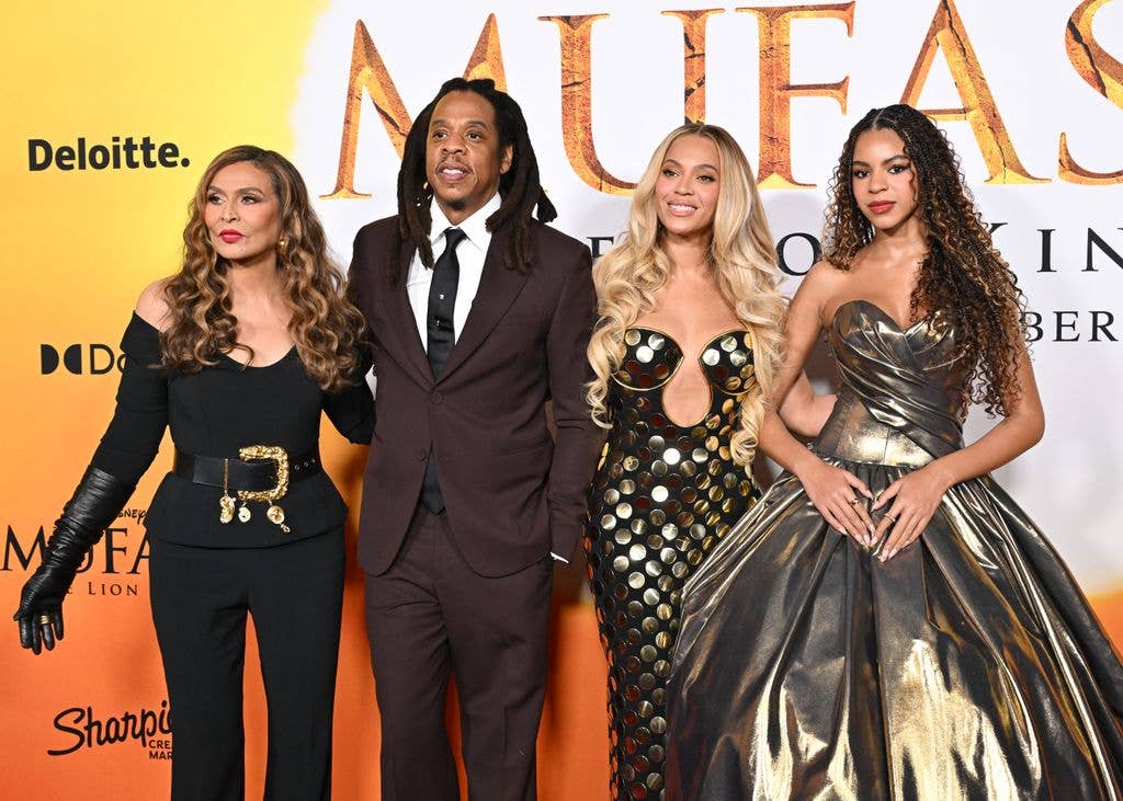 Tina Knowles, Jay-Z, Beyonce and Blue Ivy Carter attend the Los Angeles Premiere of Disney's "Mufasa: The Lion King" at Dolby Theatre on December 09, 2024 in Hollywood, California.