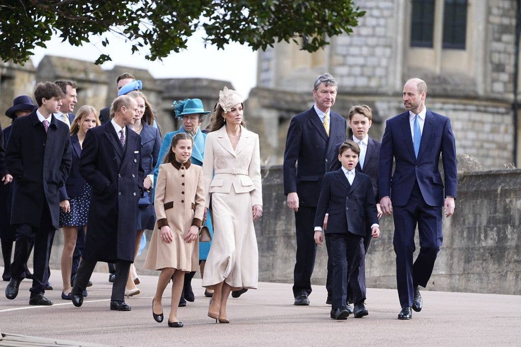 The Prince and Princess of Wales arriving with their children, Prince George Princess Charlotte and Prince Louis arriving with other members of the royal family to attend the Easter Service at St George's Chapel, Windsor Castle, Berkshire