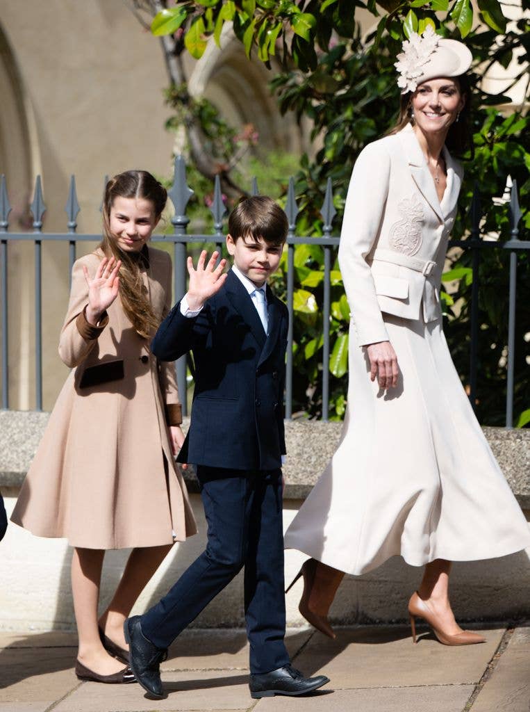 Princess Charlotte of Wales, Prince Louis of Wales and Catherine, Princess of Wales attend the 2026 Easter Matins Service at St George's Chapel on April 05, 2026 in Windsor, England