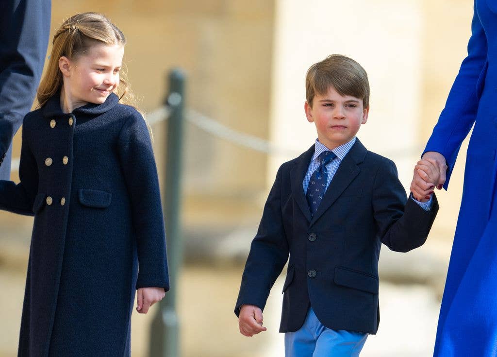 WINDSOR, ENGLAND - APRIL 09: Princess Charlotte and Prince Louis attend the Easter Mattins Service at Windsor Castle on April 09, 2023 in Windsor, England. (Photo by Samir Hussein/WireImage)