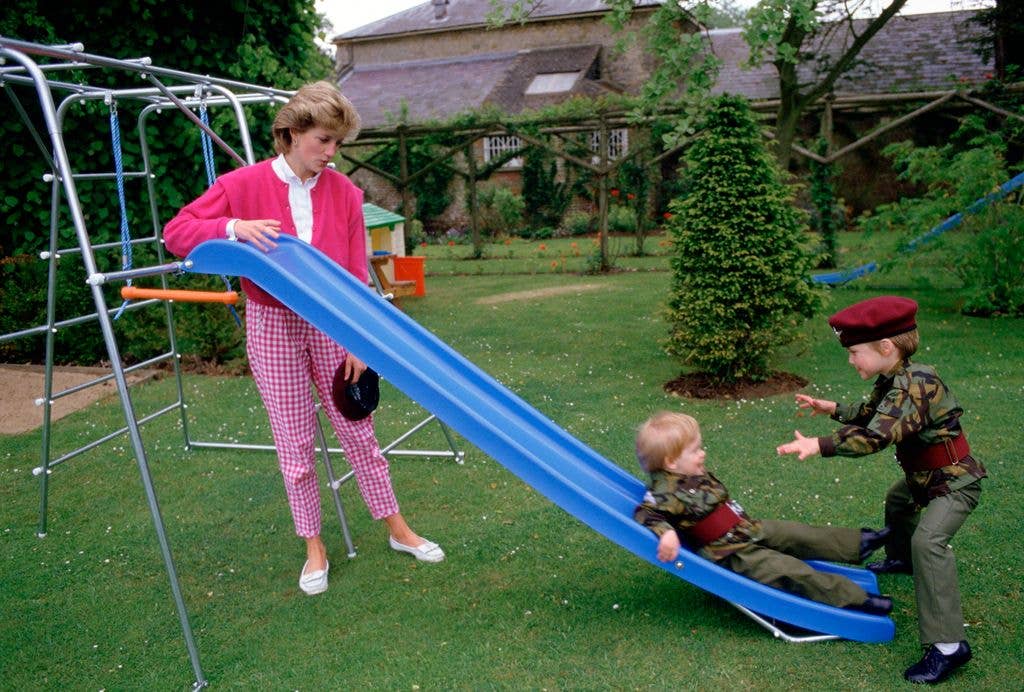 Princess Diana playing with Prince Harry and Prince William with Harry going down a slide