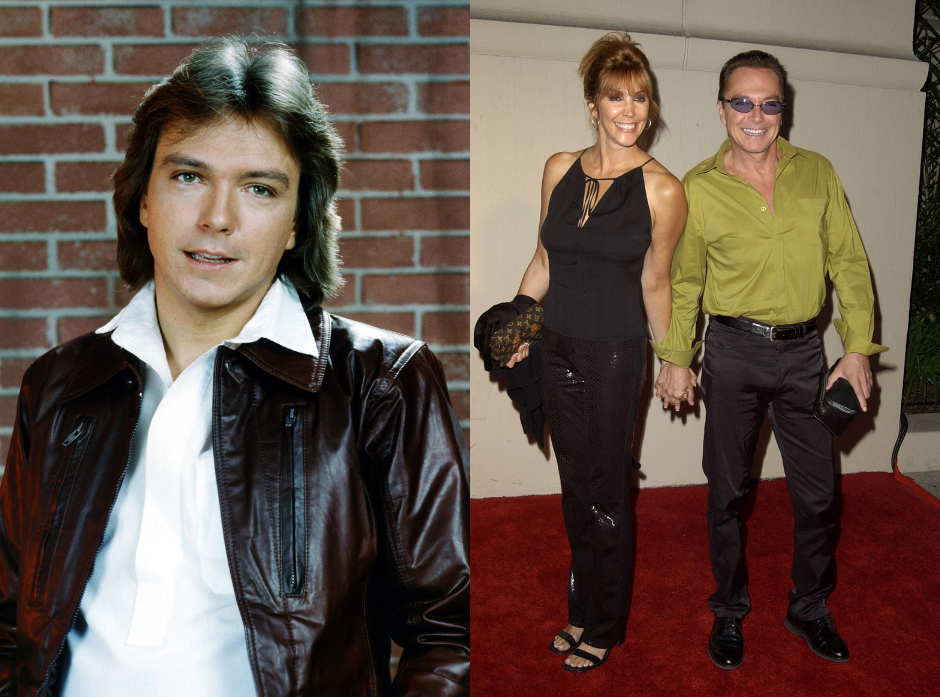 Split image of David Cassidy. On the left, in a white shirt and black leather jacket standing in front of a brick wall and tilting his head towards the right of the image. On the right, David Cassidy holds hands with his wife on a red carpet. David wears a lime green shirt open at the neck and black jeans. His wife wears a v neck halter dress with black sandals and stands facing towards the left of the image.