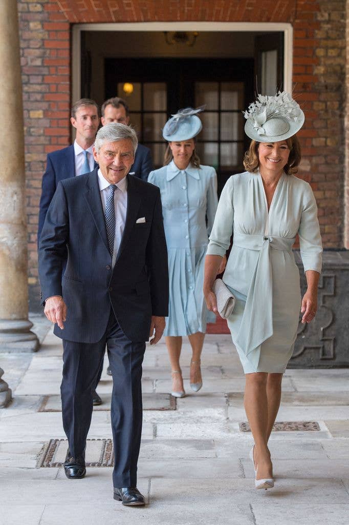 Michael and Carole Middleton arrive for the christening of Britain's Prince Louis