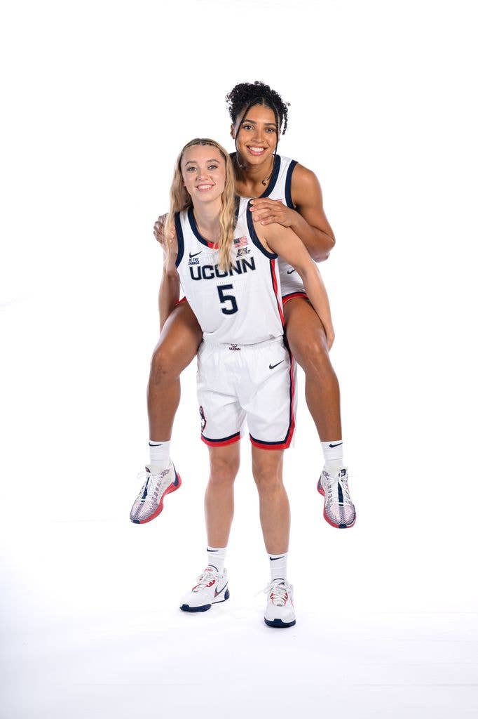 Paige Bueckers #5 and Azzi Fudd #35 of the Connecticut Huskies pose for a portrait during the team's media day at the Werth Family Basketball Center on September 22, 2024 in Storrs, Connecticut. (Photo by UConn Athletics/University Images via Getty Images)