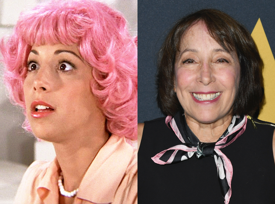 Split image of Didi Conn. On the left, in a pink curly wig and peach shirt with a pearl necklace looking up in surprise in a still from Grease. On the right, facing forwards wearing a sleeveless dark top with a pink, black and white scarf, with a dark brown bob and sideswept fringe.