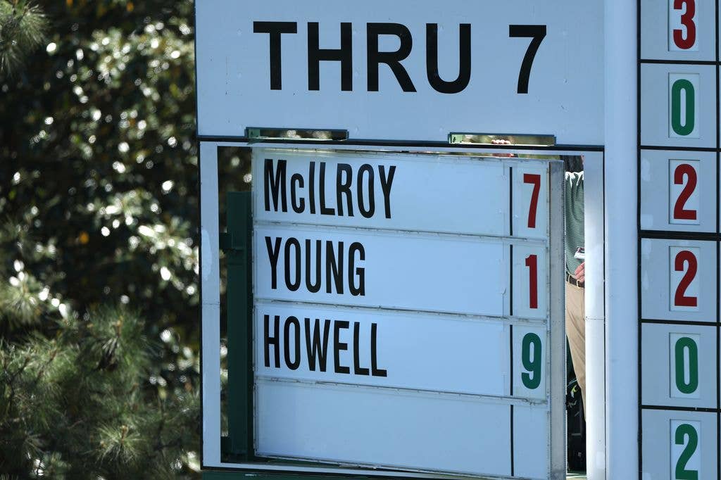 The names of Rory McIlroy of Northern Ireland, Cameron Young of the United States and Amateur Mason Howell of the United States are seen on a leaderboard during the second round of the 2026 Masters Tournament 
