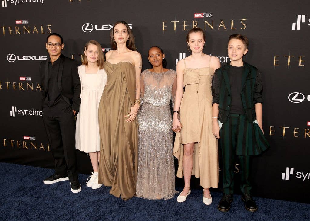 Maddox Jolie-Pitt, Vivienne Jolie-Pitt, Angelina Jolie, Zahara Jolie Pitt, Shiloh Jolie-Pitt, and Knox Jolie Pitt arrive at the Premiere of Marvel Studios' Eternals on October 18, 2021 in Hollywood, California.