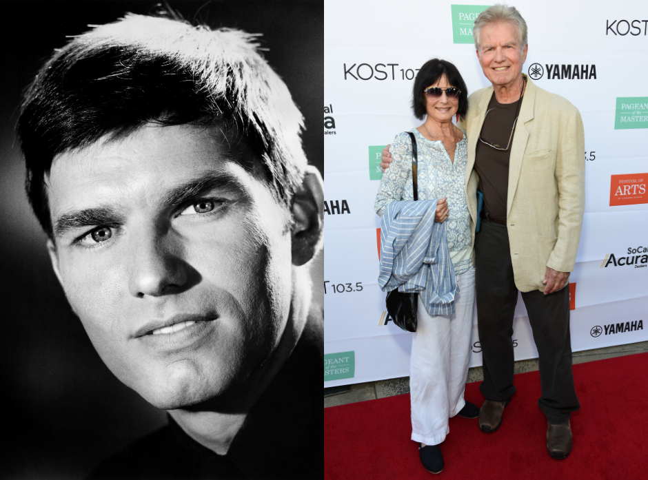 Split image of Kent McCord. On the left, a black and white headshot. On the right, Kent with his arm around wife Cynthia Lee Doty. Kent wears a beige jacket over a grey tshirt and dark trousers, while Cynthia wears large sunglasses, a pale patterned shirt, white trousers, a black bag and holds a blue striped shirt over her right arm.