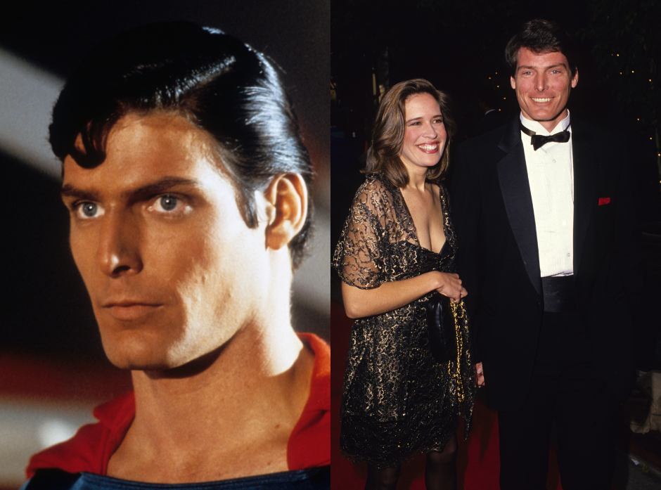 Split image showing Christopher Reeve as Superman with his signature curl dropped onto his forehead. He looks to the left of the image, angled on his right away from the image. On the left, Christopher is shown with his wife Dana. Christopher wears a tux with a black bowtie and Dana wears a black sparkly dress with a short sleeve embroidered cardigan shawl.