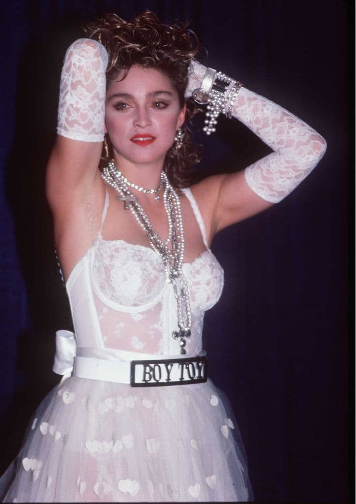 Madonna in white lace dress