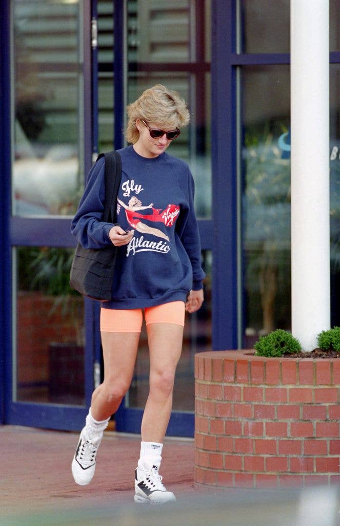 Princess Diana in cycling shorts and sunglasses