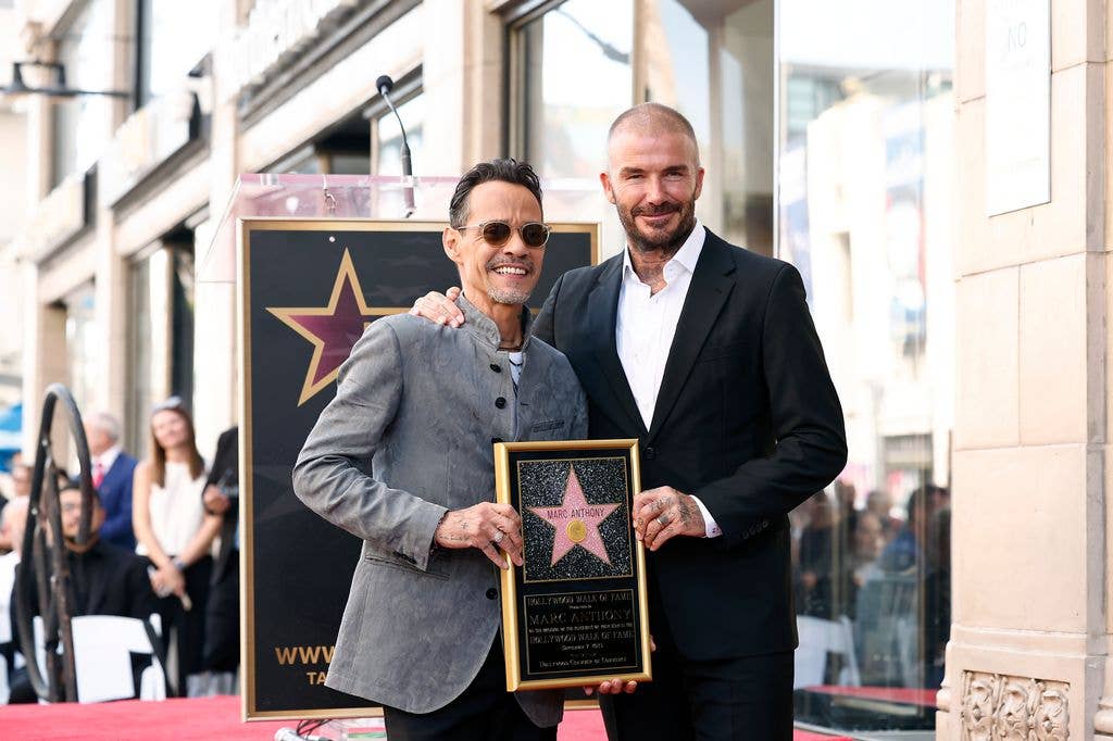 HOLLYWOOD, CALIFORNIA - SEPTEMBER 07: (L-R) Marc Anthony and David Beckham attend the Hollywood Walk of Fame Star Ceremony for Marc Anthony on September 07, 2023 in Hollywood, California. (Photo by Emma McIntyre/Getty Images)