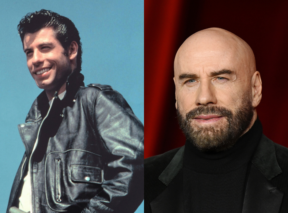Split image of John Travolta. On the left, as seen in Grease with oiled black hair and a black leather jacket over a white tshirt. On the right, a modern shot of the actor, bald with a beard in a black turtleneck.