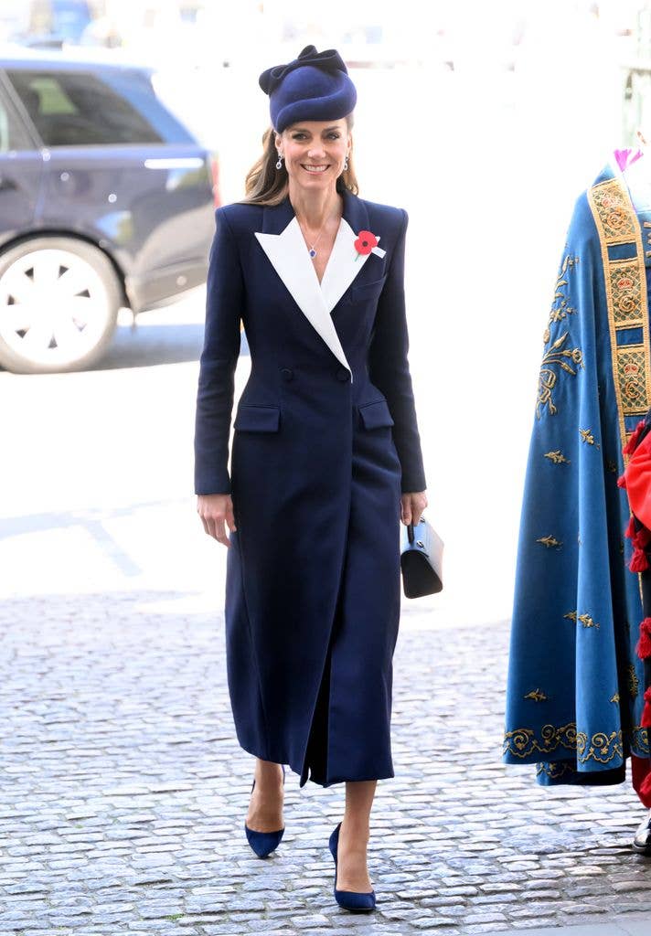 The Princess of Wales in navy and white coat dress