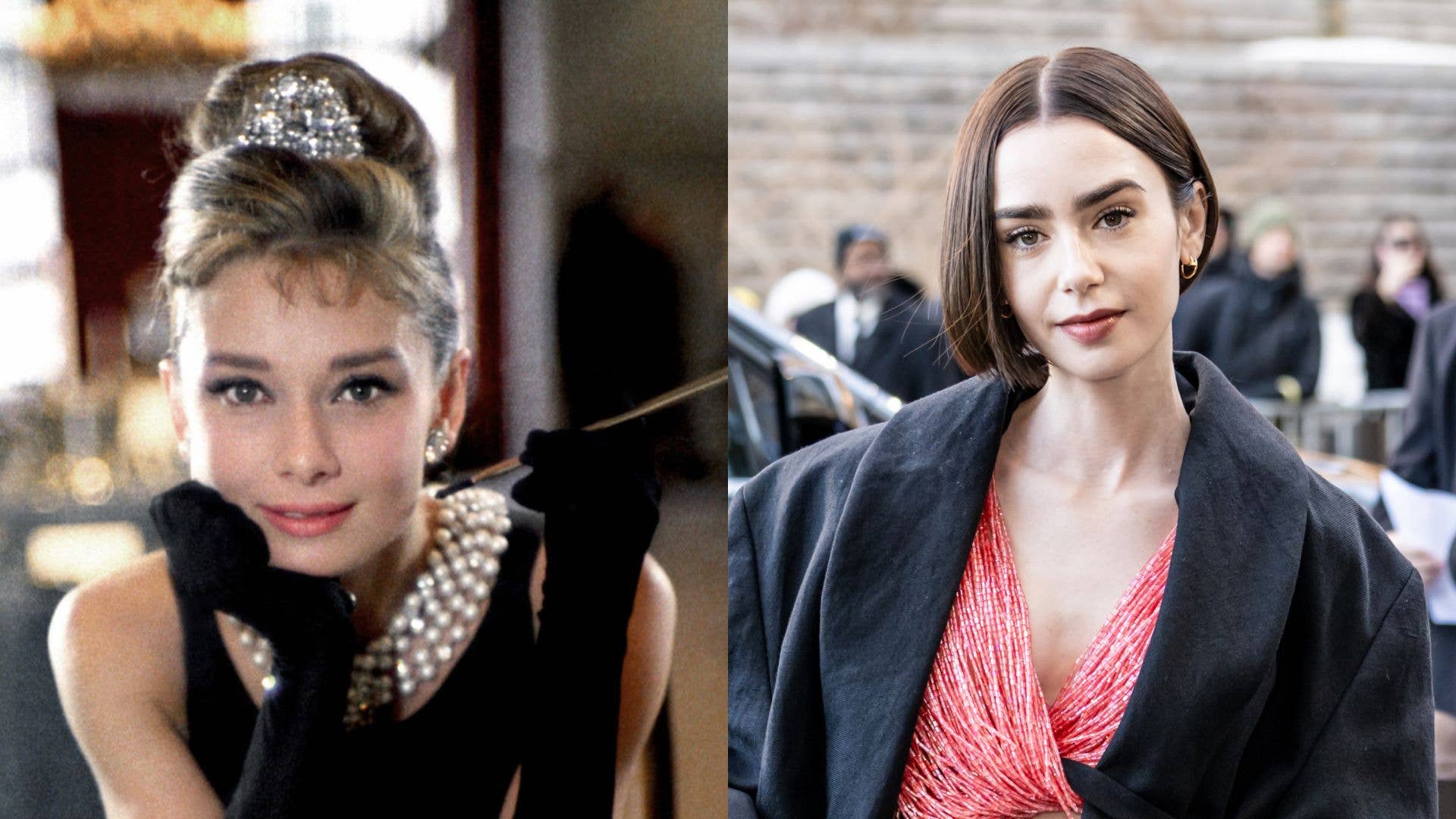 Audrey Hepburn wears a diamond headpiece and cigarette holder in a publicity shot for Breakfast at Tiffany's. Lily Collins in a recent public appearance.