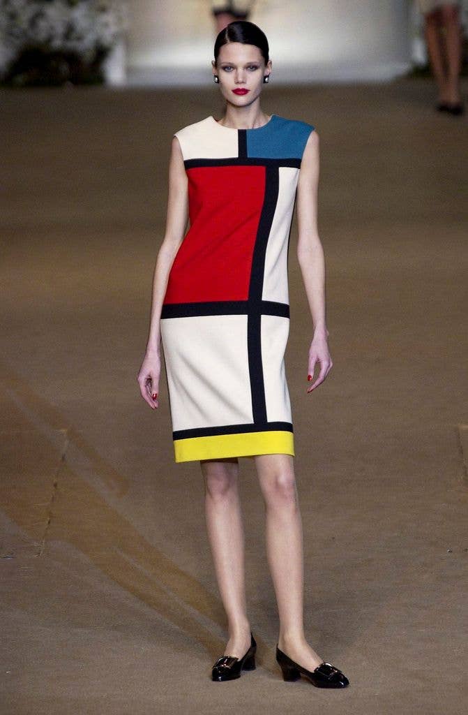 Diana Gartner wearing The Mondrian Dress, 1965 walks the runway at the last Yves Saint Laurent Haute Couture Spring/Summer 2002 retrospective show, for his last Haute Couture Collection Yves Saint Laurent has presented a retrospective of his four-decade career at the Centre Pompidou, during the Paris Fashion Week on January 22, 2002