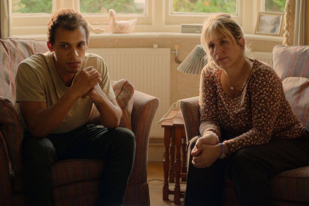 Jordan Bolger as Andre Hanscombe, Kerry Godliman as June in The Witness. 
