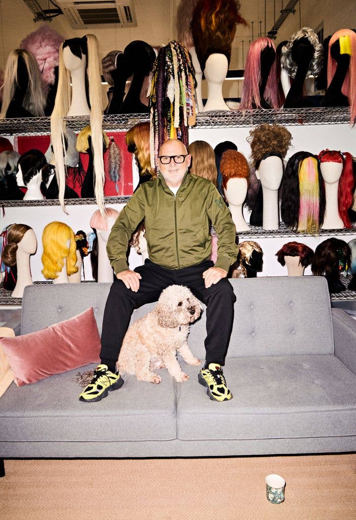 Sam McKnight in his studio pictured with his dog Stanley