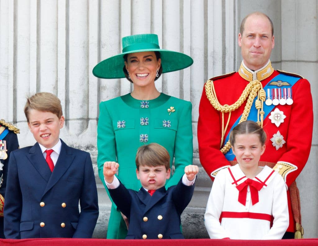 Prince George of Wales, Prince Louis of Wales, Catherine, Princess of Wales (Colonel of the Irish Guards), Princess Charlotte of Wales and Prince William, Prince of Wales (Colonel of the Welsh Guards) watch an RAF flypast from the balcony of Buckingham Palace during Trooping the Colour on June 17, 2023 in London, England. Trooping the Colour is a traditional military parade held at Horse Guards Parade to mark the British Sovereign's official birthday. It will be the first Trooping the Colour held for King Charles III since he ascended to the throne. (Photo by Max Mumby/Indigo/Getty Images)
