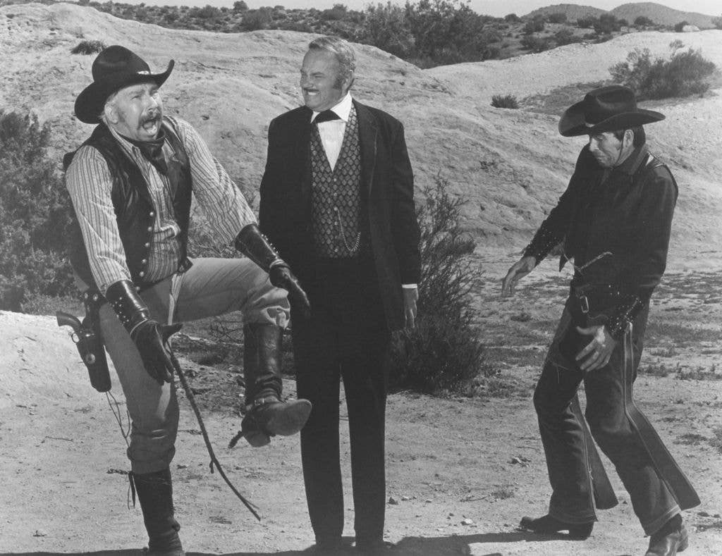 Slim Pickens, Harvey Korman and Burton Gilliam in a scene from the classic 1974 Mel Brooks comedy western 'Blazing Saddles'.