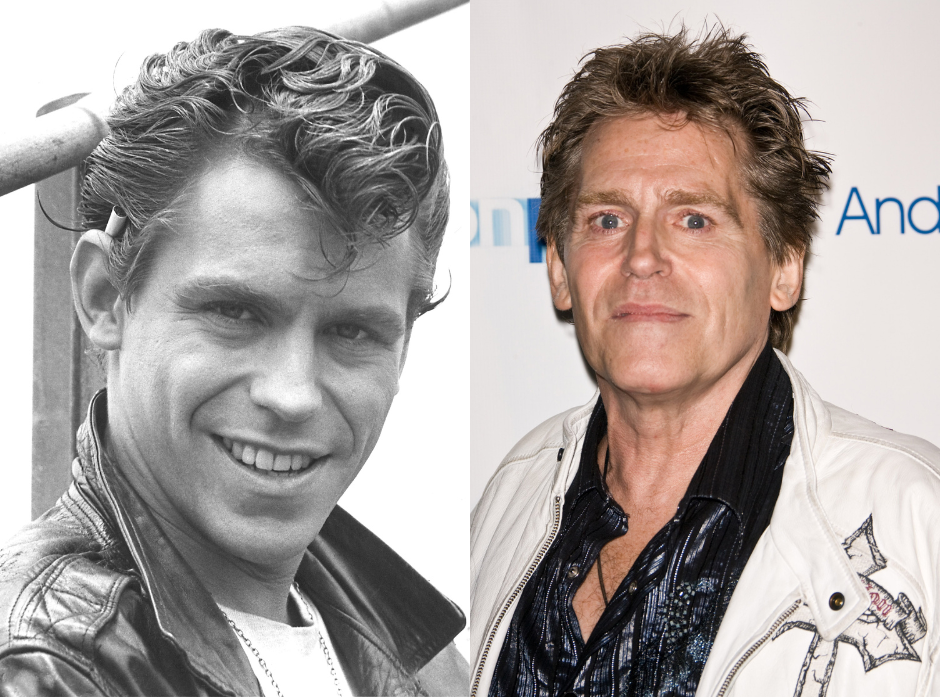 Split image of Jeff Conaway. On the left shown in black and white as Kenickie Murdoch in Grease, leaning against a metal railing and turning his body to the left away from the camera while his head faces straight on, showing off his quiff and cigarette behind one ear. On the right, a more modern photo of Jeff in a navy shirt with several buttons at the neck undone, a white jacket with a cross in a marble pattern outlined in silver on the left of his chest. He looks directly at the camera, turning his body slightly away to the right, with spiky grey brown hair.
