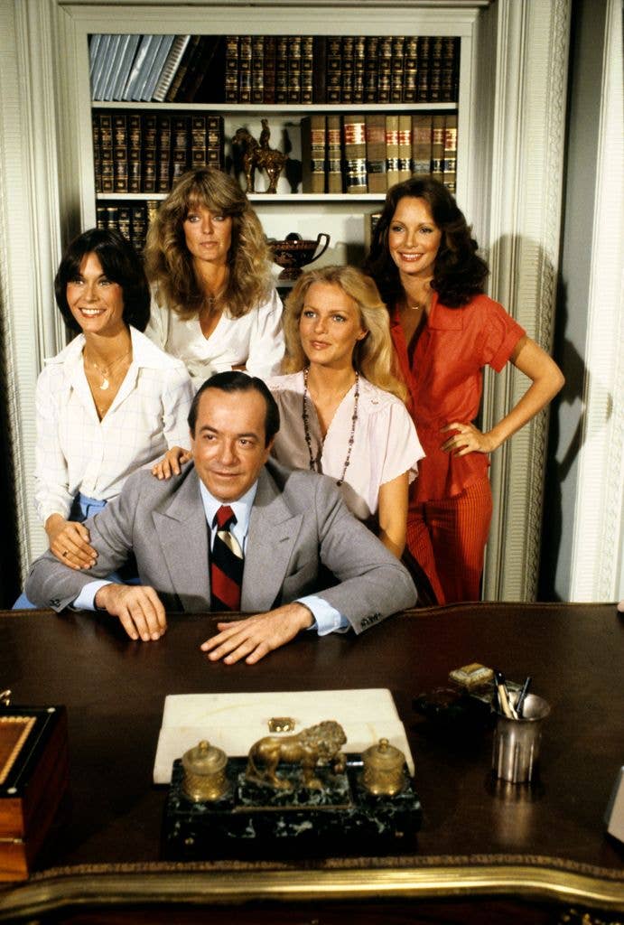 Charlie's Angels with David Doyle, Kate Jackson, Farrah Fawcett, Jaclyn Smith and Cheryl Ladd. 1978