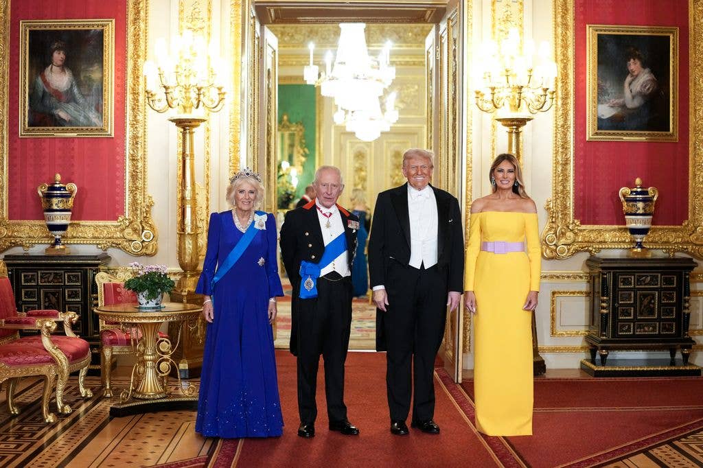 President Donald Trump,  Melania Trump, King Charles III and Queen Camilla  arrive for the State Banquet hosted by King Charles III and members of the Royal Family at Windsor Castle d