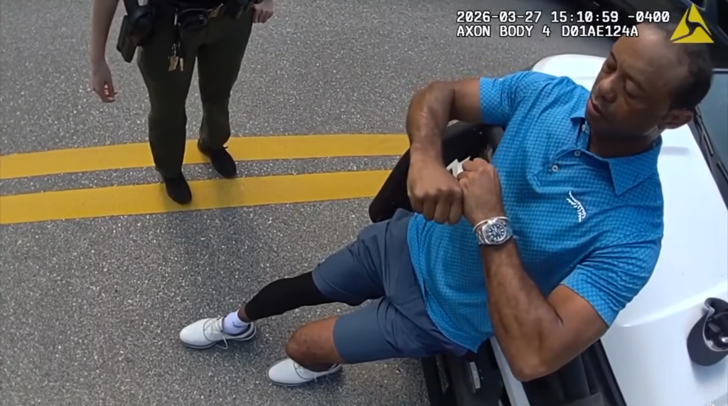 Tiger Woods in the midst of a standard sobriety test, captured by the Martin County Sheriff Department's police bodycam footage