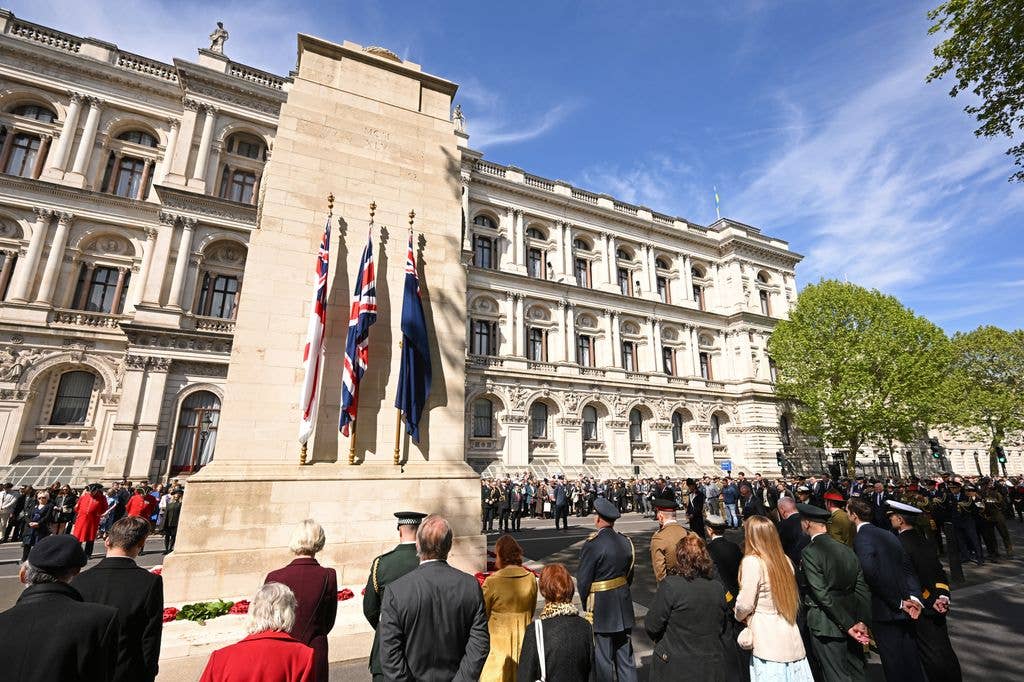 High Commissioner for New Zealand Hamish Cooper, Catherine, Princess of Wales and High Commissioner for Australia Jay Weatherill attend the wreath laying and parade service as part of the ANZAC Day commemorations at Cenotaph