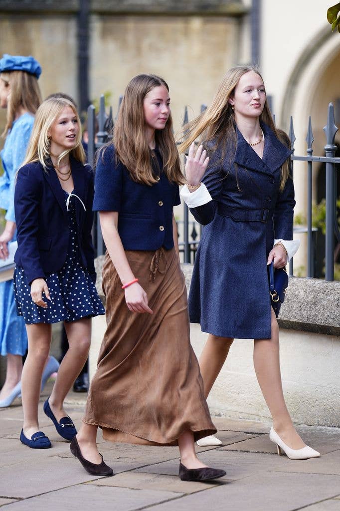 Isla Phillips, Harriet Sperling's daughter Georgina and Savannah Phillips leave after attending the Easter Service at St George's Chapel, Windsor Castle, Berkshire
