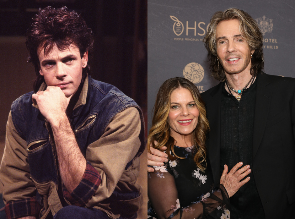 Split image of Rick Springfield. On the left, Rick Springfield in a khaki shirt with a navy gilet lifting one knee, folding one arm across his torso, resting one elbow on his knee and holding his chin in one hand, looking to the right of the image. On the right, Rick Springfield in a black shirt and black jacket with layered necklaces and a turquoise pendant with his arm around wife Barbara Porter who wears a black floral dress with sheer sleeves.  